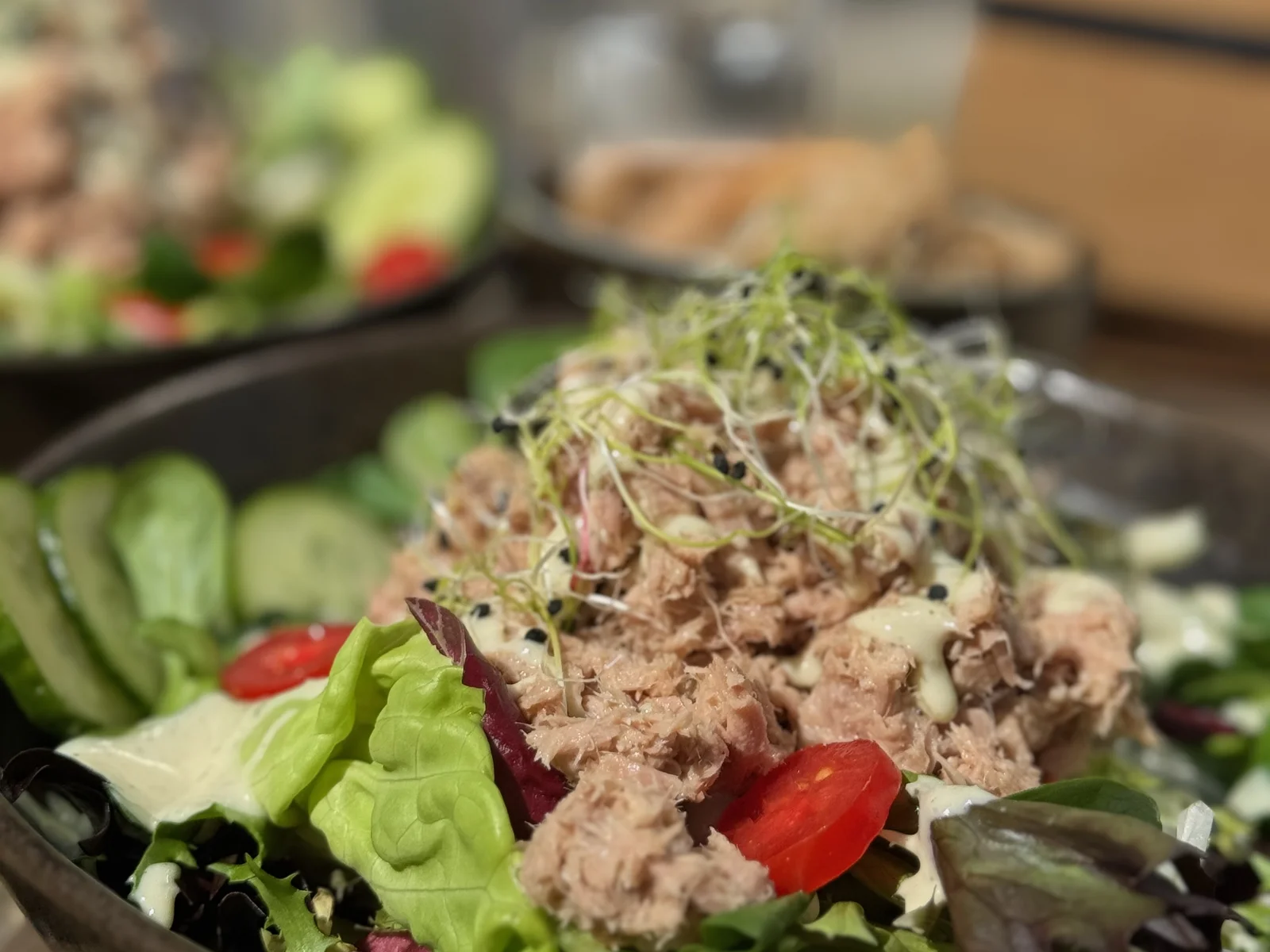 Thunfisch-Salat mit Kräutersprossen, serviert im Garten des Pförtnerhauses